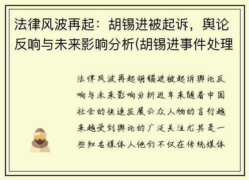 法律风波再起：胡锡进被起诉，舆论反响与未来影响分析(胡锡进事件处理结果)