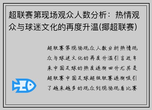 超联赛第现场观众人数分析：热情观众与球迷文化的再度升温(揶超联赛)
