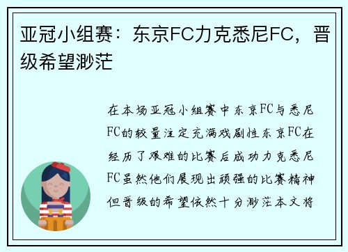 亚冠小组赛：东京FC力克悉尼FC，晋级希望渺茫