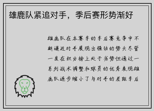 雄鹿队紧追对手，季后赛形势渐好