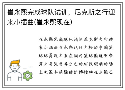 崔永熙完成球队试训，尼克斯之行迎来小插曲(崔永熙现在)